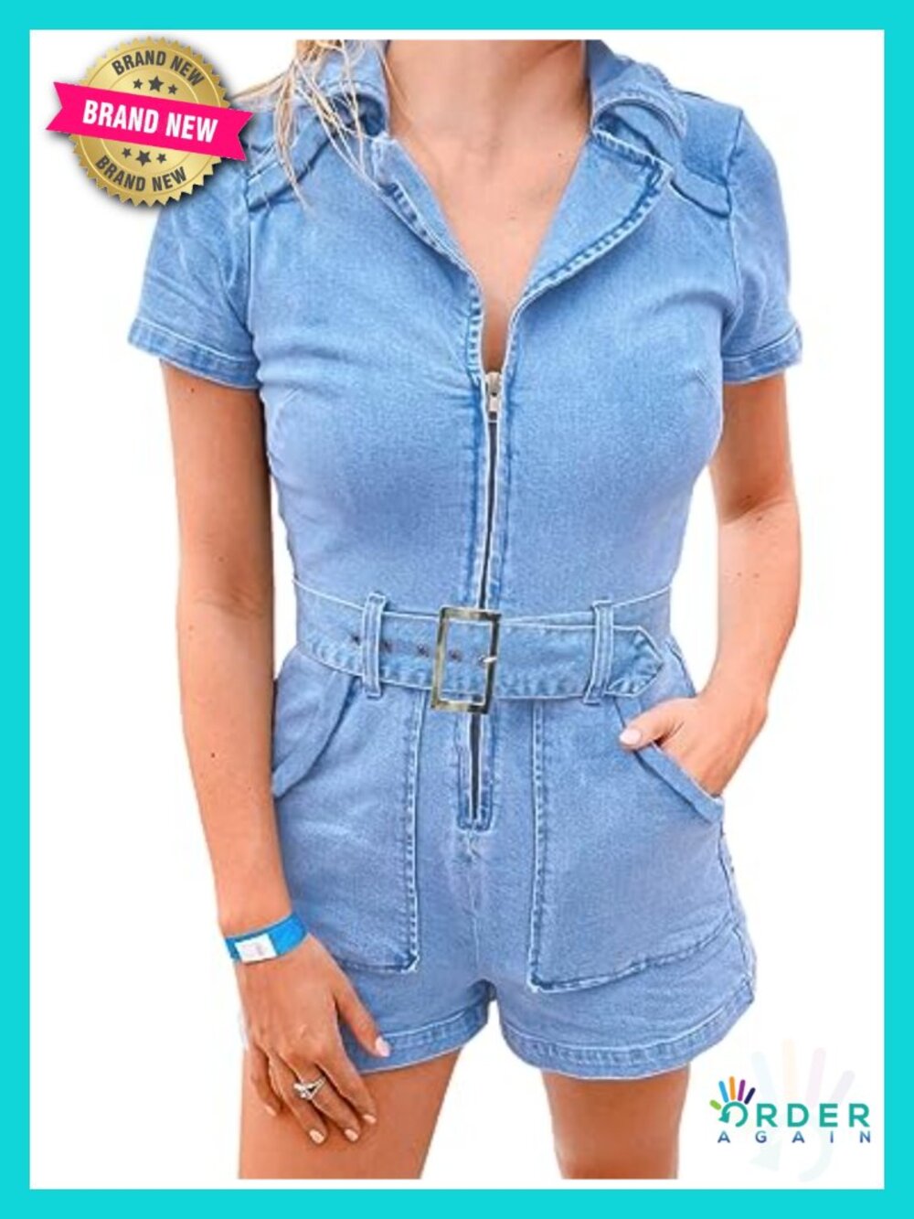 Women's Summer Denim Romper Zip Up Belted Jumpsuit with Pockets